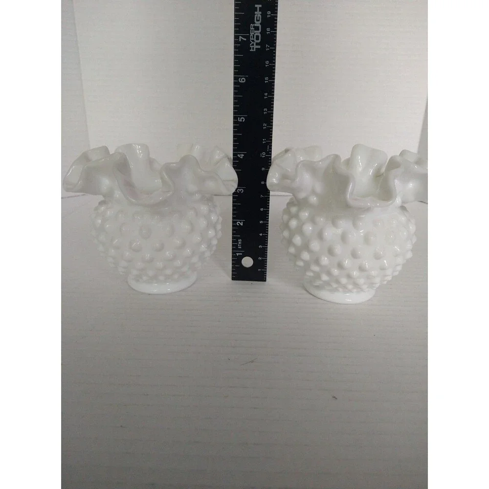 Set of 2 Fenton Milk Glass White Hobnail Ruffled Edge Small Bowl Vases Opaque